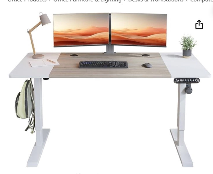  Height Adjustable Electric Standing Desk with Splice Board, 63x30 Inch, White+Oak