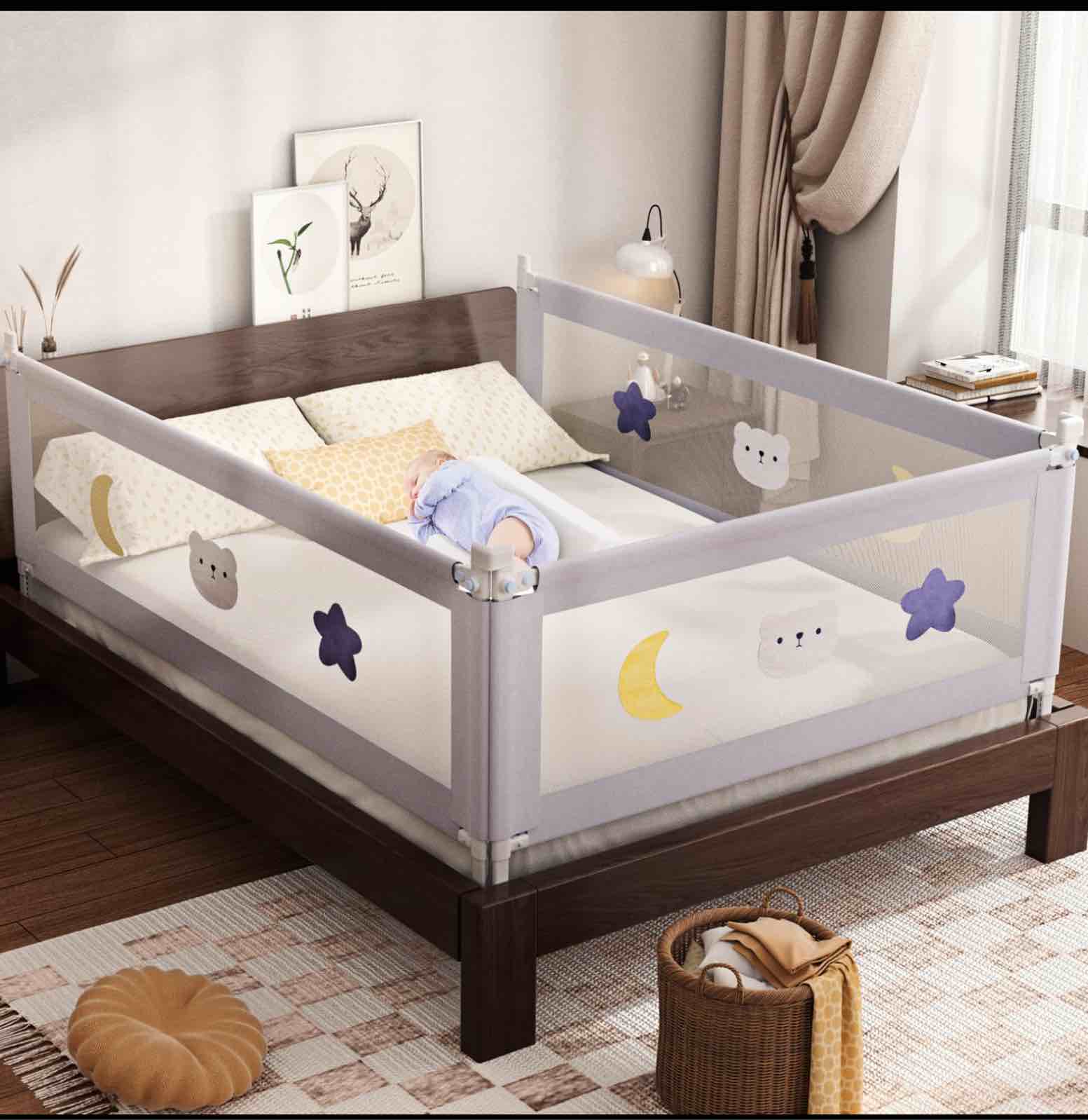 omzer Bed Rail for Toddlers - Baby Bed Guard Rail with Double Child Lock, Safety Bedrail for Children Kids with Pattern, Infants Height Adjustment Guardrail for Full Queen King Size - 1 Pack, 78.74”