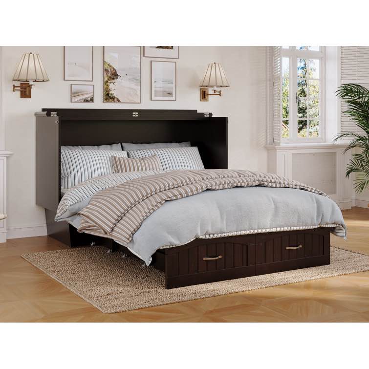 Queen Espresso Kindig Solid Wood Coastal Cottage Murphy Bed with Mattress, Storage and Built-in Charger( incomplete) 