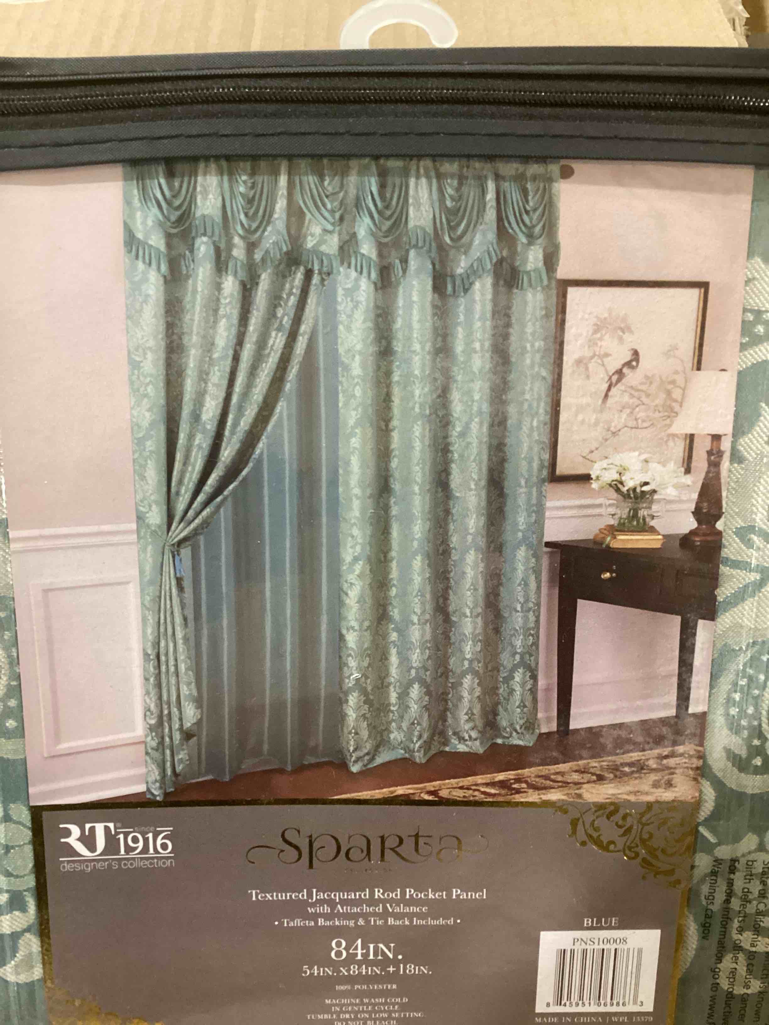 Sparta Damask Jacquard Rod Pocket Panel With Attached Valance And Backing, 54x84