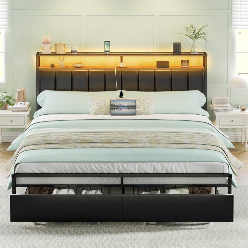 Aydin LED Bed Frame with Drawers and Charging Station king 