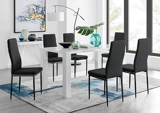 Furniturebox UK Pivero 6 White Dining Table and 6 Black Faux Leather Milan Black Leg Chairs( Only top ) 