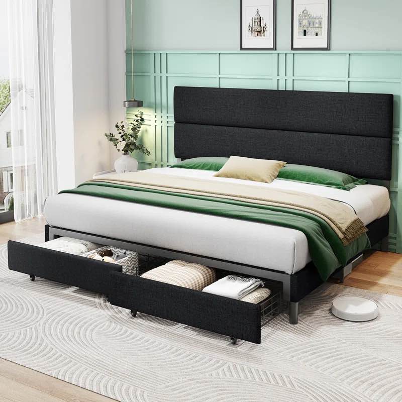 47.6" Linen Upholstered Bed Frame With Height Adjustable Headboard & 2 Drawers king ( incomplete) 
