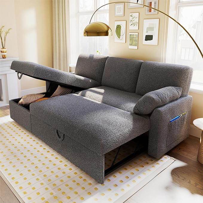 VanAcc Sofa Bed, Sleeper Sofa with Storage Chaise- 2 in 1 Pull Out Couch Sofa for Home Office, Living Room, Comfy Sofa Sleeper, Grey Boucle Couch ( Incomplete)