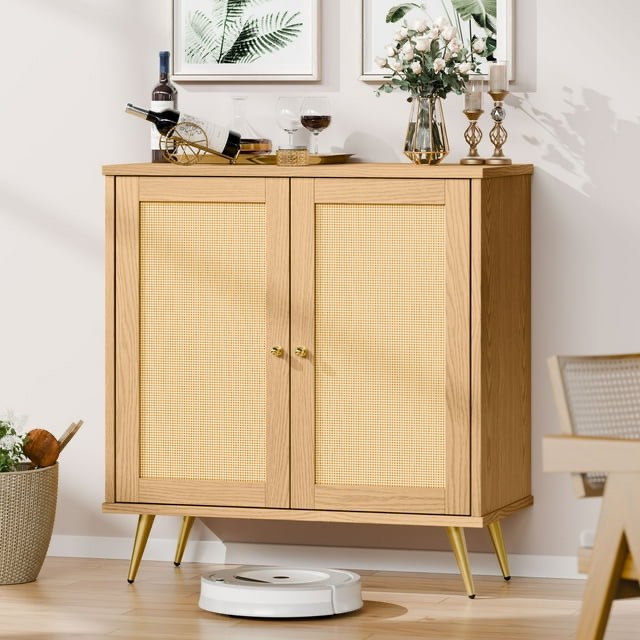 Walsunny Sideboard Buffet Storage Cabinet,Kitchen Storage Cabinet with 2 Rattan Decorated Doors, Accent Cabinet Sideboard Cabinet for Dining Room, Living Room, Entryway, Hallway, Natural