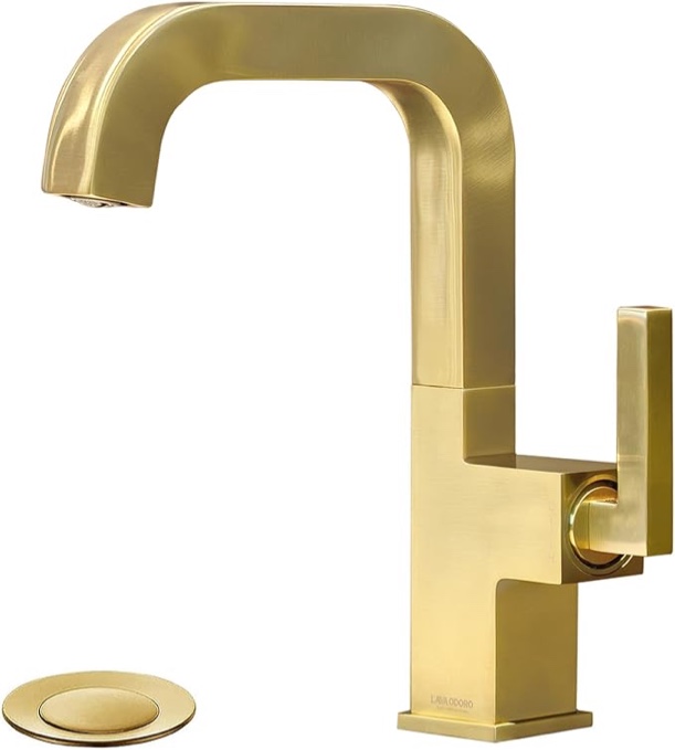 Brushed Gold Bathroom Faucet Single Handle, Lava Odoro Bathroom Faucet for Sink 1 or 3 Hole Brass Single Hole Bathroom Sink Faucet, Vanity Faucet with Drain Assembly, Deck Plate Included, BF204-SG