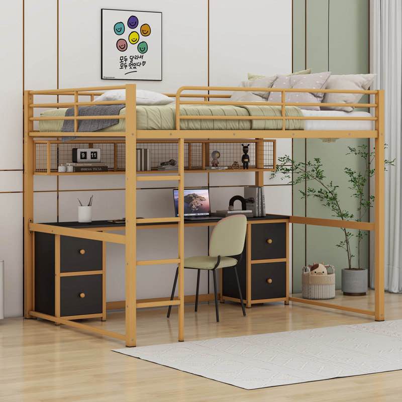 Alijiah Full Metal Loft Bed with Desk, Drawers and Bedside Tray, Charging Station, USB and socket