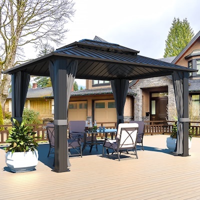 VEIKOUS 12-ft x 10-ft Hard top Rectangle Black Metal Steel Roof Gazebo (Incomplete)