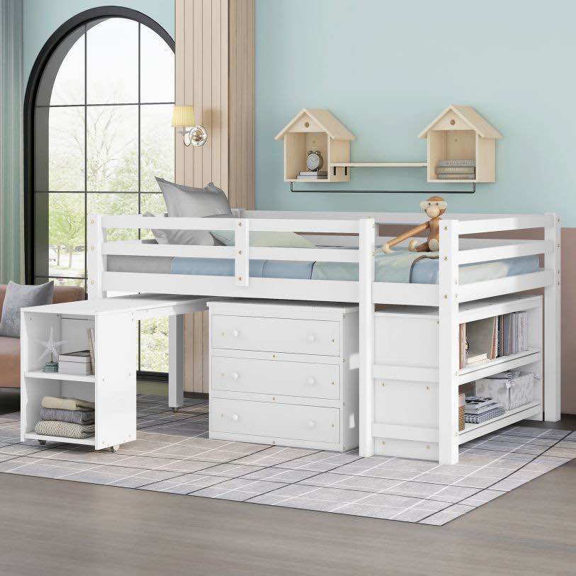 FULL SIZE LOFT BED WITH BOOKCASE AND CHEST WHITE