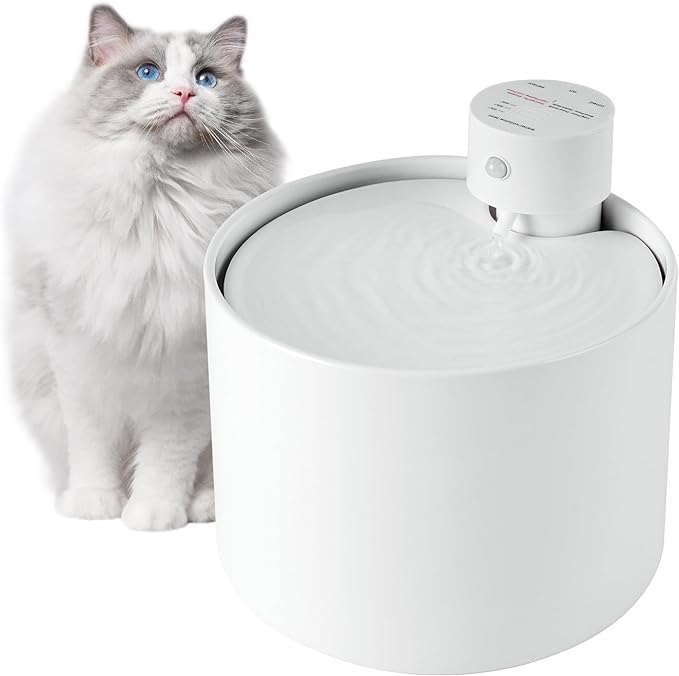 Ceramic Wireless Cat Water Fountain - Cordless Cat Water Dispenser Battery Operated - Automatic Pet Water Fountain for Cats - Cat Waterer with Filters - Cat Watering Fountains for Drinking - 68oz/2.3L