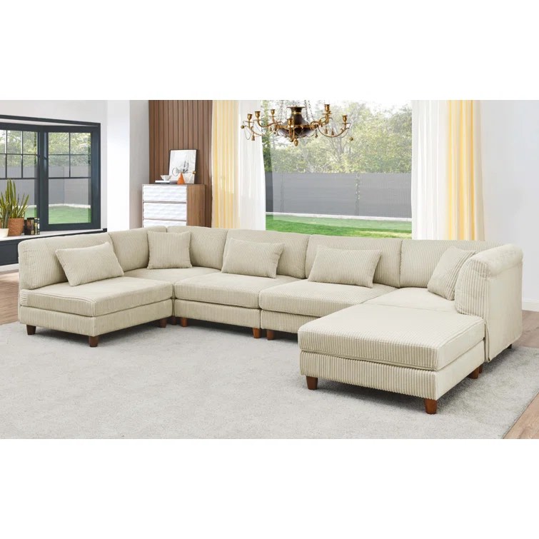 Calese 6 - Piece Corduroy Sectional  (CREAM COLORED CORNER PIECE AND PILLOWS ONLY MISSING REST OF SECTIONAL)