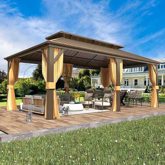 EROMMY 12' x 20' Gazebo Polycarbonate Double Roof Canopy with Aluminum Frame, Outdoor Permanent Metal Pavilion with Netting and Curtains for Garden Patio Lawns (incomplete box 2 of 6 only)