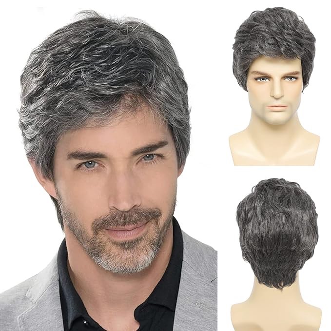 BCHR Men's Grey Wig Heat Resistant Synthetic Layered Natural Hair Cosplay Costume Halloween Wigs for Men Male Guy
