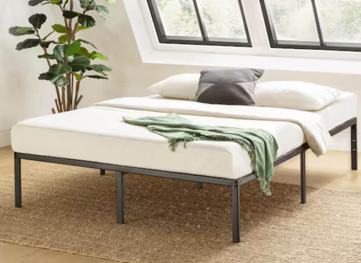 Metal Platform Bed Frame with Heavy Duty Steel Slats, Black, Queen