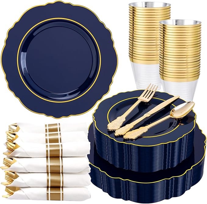 Liacere 350PCS Navy Bule Plastic Plates - Disposable Bule and Gold Plates 50guest Baroque Plastic Dinnerware include 100Plates, 50Pack Pre Rolled Napkins with Silverware 50Cups for Wedding?Halloween