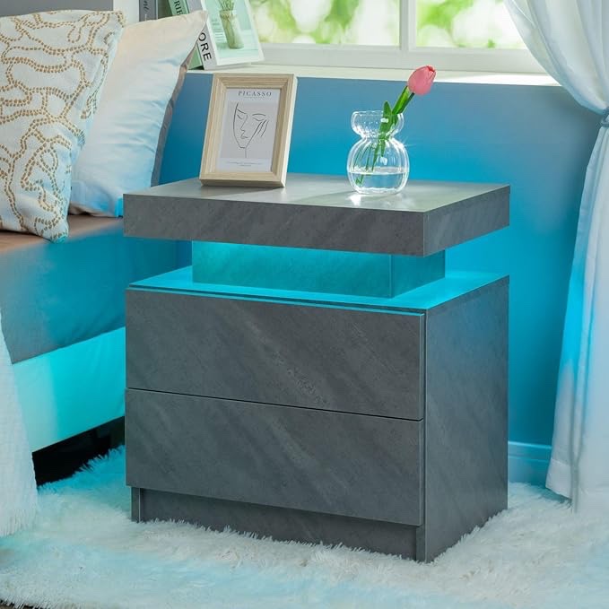 LED Night Stand Modern Bedside Tables for Bedroom Grey Nightstand with 2 Drawers for Bedroom, Living Room
