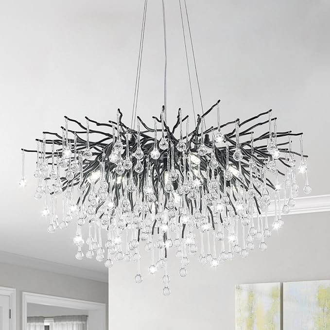 Chandeliers for Dining Room - 31.5" Modern Black Crystal Chandelier, Round Tree Branch Raindrop Chandelier, Foyer Chandeliers for Entryway, Living Room,Bedrooms,Bathroom(Bulb not Included)
