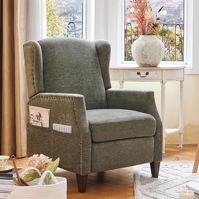 COLAMY Wingback Pushback Recliner Chair with Storage Pocket, Upholstered Fabric Living Room Chair Armchair with Wood Legs and Nailhead Trim, Green