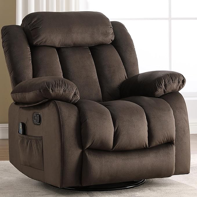 INZOY Massage Swivel Rocker Recliner with Heat and Vibration, Manual Rocking Recliner Chair with Vibrating Massage, Comfy Padded Overstuffed Heated Recliner with Short Plush Fabric, Chocolate