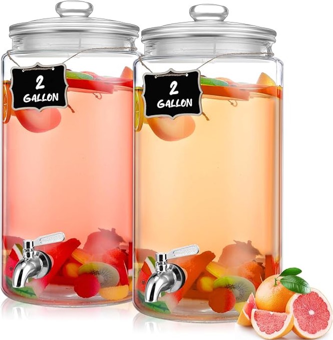 Bokon Beverage Dispenser with Stainless Steel Spigot and Chalkboard Airtight Leakproof Glass Drink Dispenser with Spout, Water, Juice, Laundry Dispenser for Parties (2 Pack,2 Gallon)