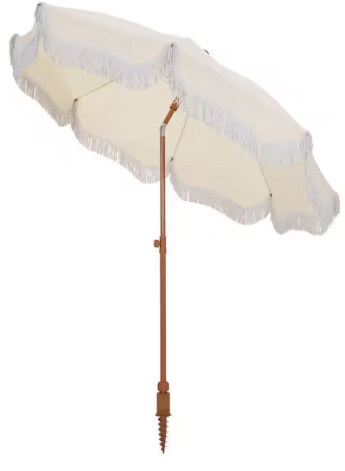 7 ft. Metal Beach Umbrella in White with Tassel Design and Cover Carry Bag