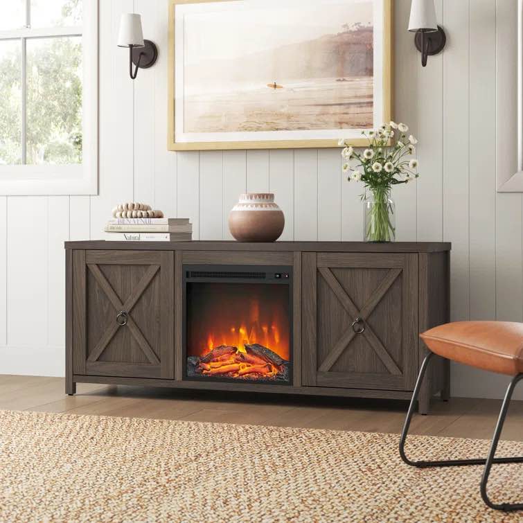Alder Brown Zader TV Stand for TVs up to 65" with Electric Fireplace Included