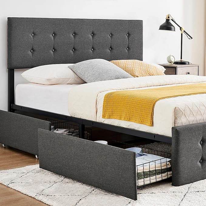 IDEALHOUSE Queen Bed Frame with 4 Storage Drawers and Headboard *similar to stock photo* 