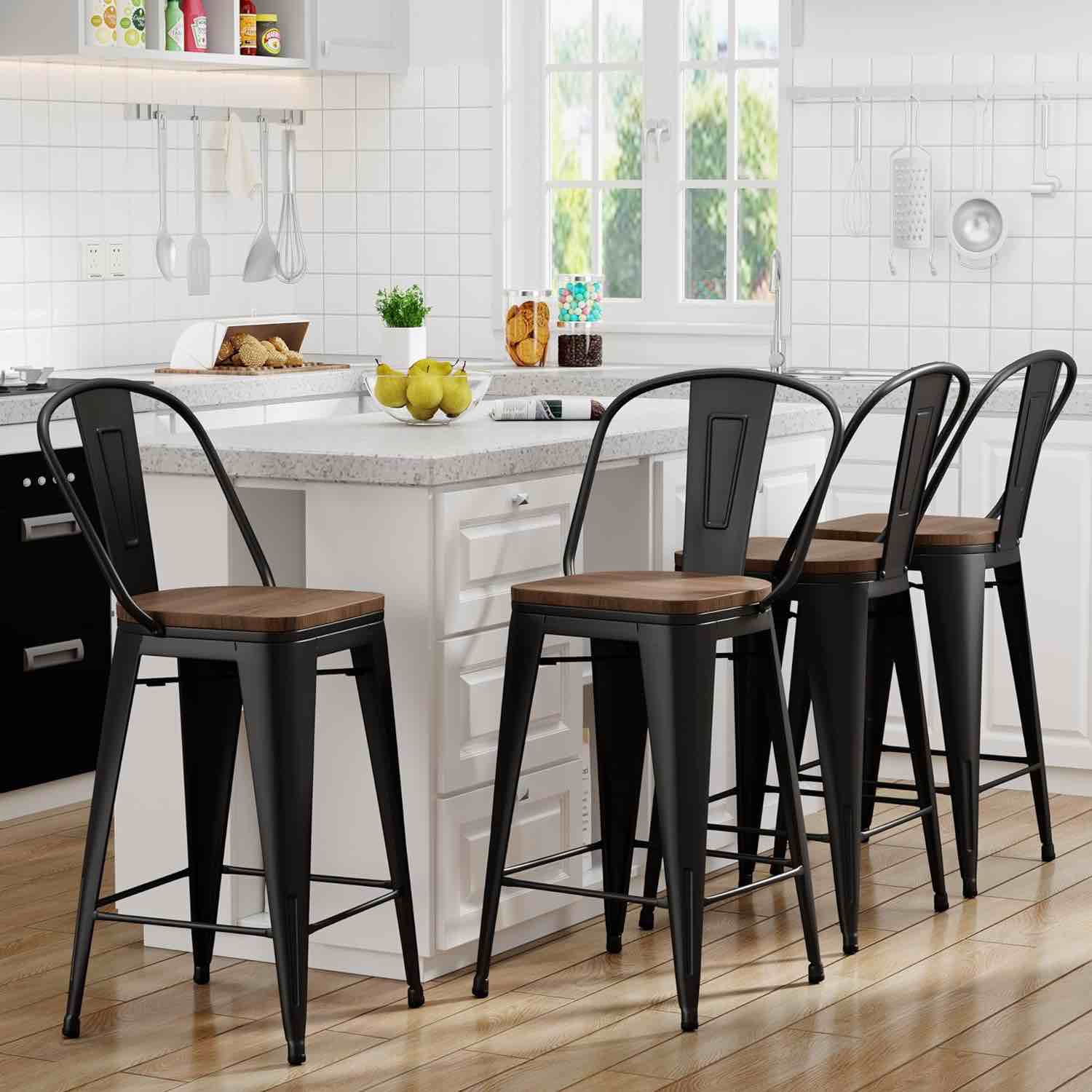 26 inch Bar Stools Set of 4 High Back Metal Kitchen Counter Height