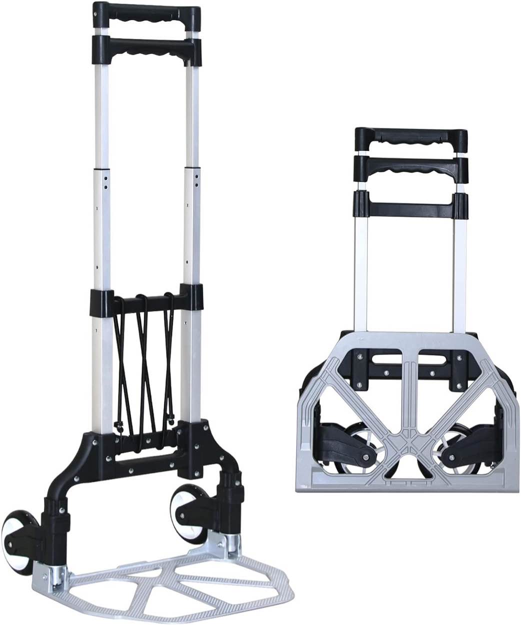 Folding Hand Truck Dolly Cart?Aluminum Portable Hand Cart for Daily handling Work?200lbs, with Silent Wheel?Telescoping Handle?Black Bungee Cord, Can Stand Alone?Light Weight