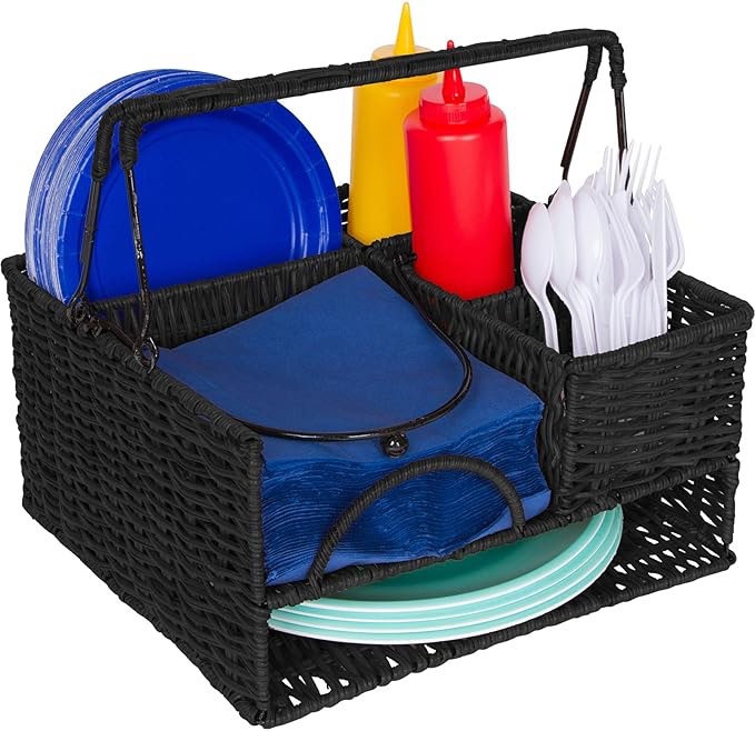 Trademark Innovations 12" x 11" Rattan Tabletop Serveware and Condiment Organizer and Caddy (Black)