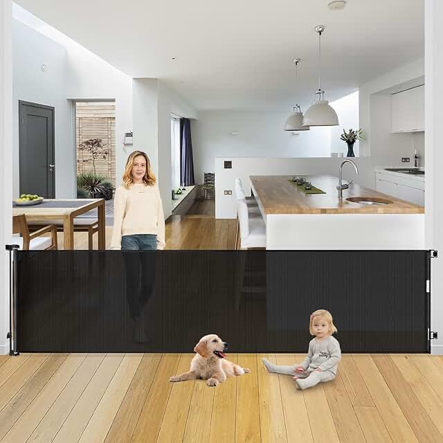 90 Inch Retractable Baby Gates Extra Wide Dog Gates for The House Extra Long Baby Gate for Stairs Child Gates for Wide Openings Large Dog Gate Indoor Outdoor Pet Gates for Dogs, Black