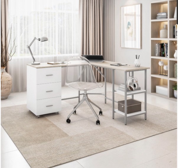 (incomplete box 2 of 2 ) L-Shape Home Office Two-Tone Desk with Storage Color: Sand