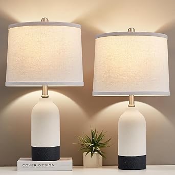 Luvkczc Modern Ceramic Lamps for Bedrooms Set of 2, 3-Color Temperature Table Lamp Bedside Nightstand Desk Reading Lamp with Fabric Drum Shade for Bedroom, Living Room, 2 Bulbs 