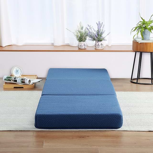 Olee Sleep Tri-Folding Memory Foam Mattress Topper, 4 Inch Gel Folding Mattress for Camping, Foldable Guest Bed, Washable Cover, CertiPUR-US Certified, Soft, Blue, Single Size