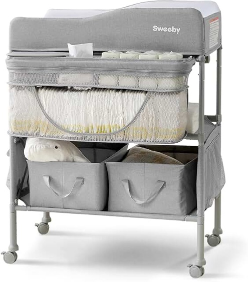 Sweeby Portable Baby Changing Table, Extra Large Hanging Diaper Organizer and 2 Basket for Essentials, 4 Position Height Adjustable, Waterproof Pad and Foldable Diaper Changing Station,Dark Grey