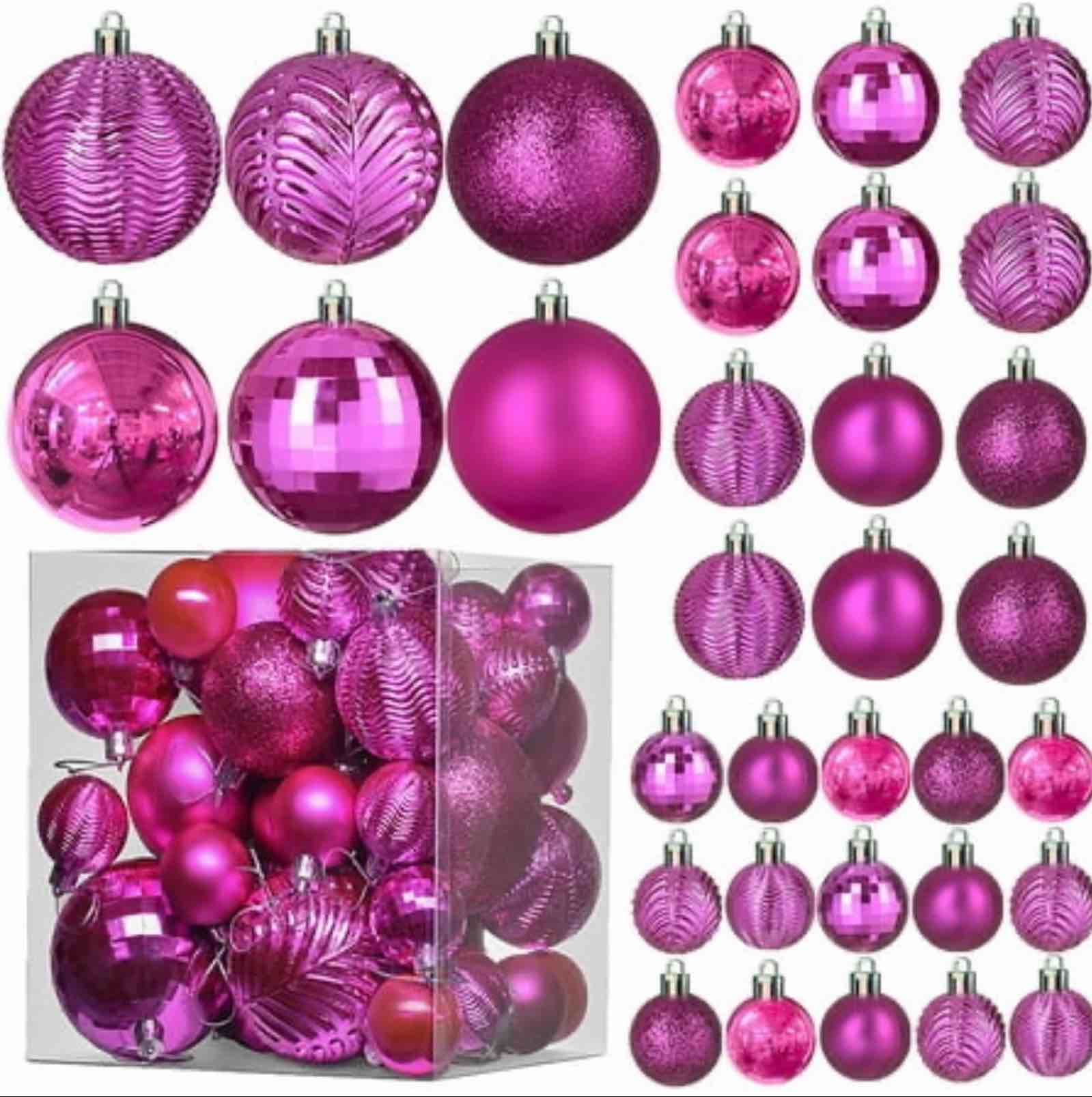 Prextex Fuchsia Christmas Ball Ornaments Decorations - 36 Pieces Xmas Tree Shatterproof Ornaments with Hanging Loop for Holiday and Party Decoration (Combo of 6 Styles in 3 Sizes)