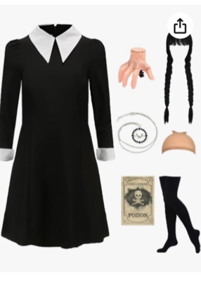 7pcs Girls Halloween Costume Kids Black Dress Long Sleeve with Wig Necklace Sock Thing Hand Hairpin Sticker Wig Cap size M