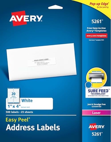 Avery Address Labels with Sure Feed for Laser Printers, 1" x 4", 5,000 Labels, Permanent Adhesive (5961)