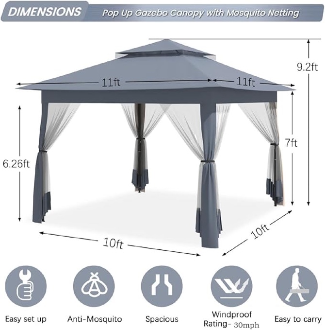Gazebo, CBBPET 13x13 Pop Up Gazebo with Mosquito Netting, Outdoor Canopy with Double Roof Tops and 121 Square Feet of Shade for Patio, Group Gatherings, Camping Shelter (Gray