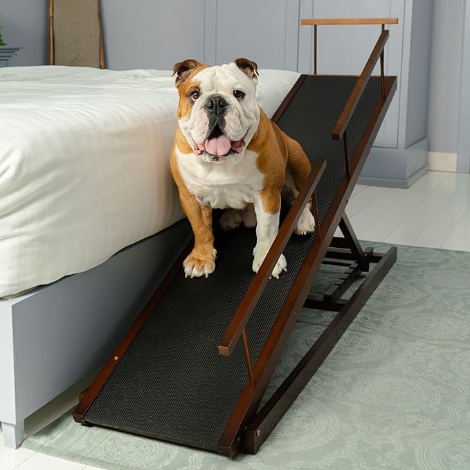 Dog ramp for Bed - PRIORPET Birchwood Adjustable Ramp for Dogs to Get on Bed: Dog ramps for High Beds up to 37 Inches – Foldable Ramp, Anti-Slip Grip & Safety Rails, Small Dogs Up to 50lbs – Walnut