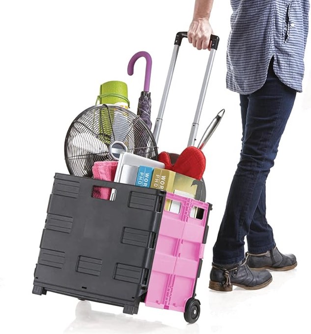 Inspired Living Ultra-Slim Rolling Collapsible Storage Pack-N-Roll Utility-carts, with Telescopic Handle, for Home, Garden, Shopping, Office, School use, Medium, Pink & Black