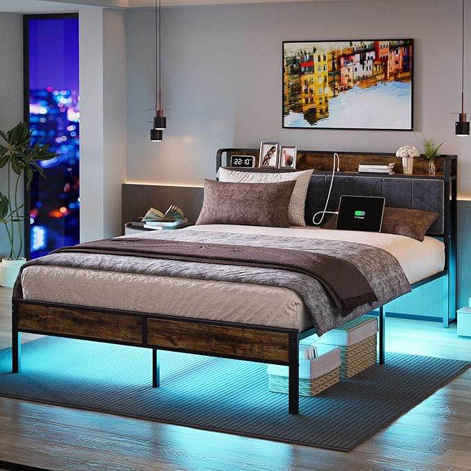 Queen Bed Frame with Headboard and LED Light, Type C and USB Charging Station, Platform Metal Queen Size