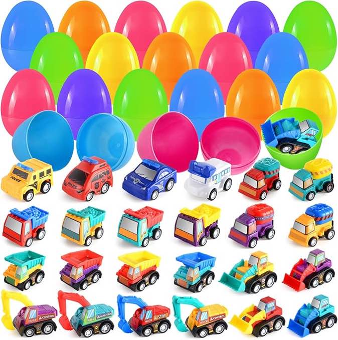 16 Pack Easter Toy Cars, Play Pull Back Construction tucks and Police Cars for Kids' Party Favors, Easter Toy Gifts for Easter Egg Hunt Party Favor Basket Stuffers, School Classroom Prize Supplies