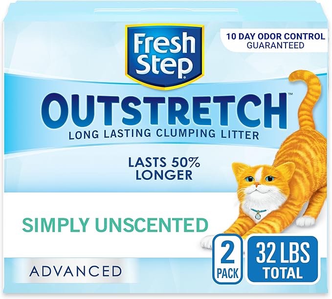 Fresh Step Outstretch Advanced Long Lasting Clumping Litter Simply Unscented, Activated Charcoal Litter Lasts 50% Longer, 32 lbs. (2 x 16 lb. Box)