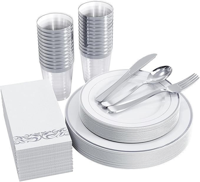 FOCUSLINE 350 pcs Silver Dinnerware Set for 50 Guests, Silver Rim Plastic Plates Disposable Party, Including 50 Dinner Plates, 50 Dessert Plates, 50 Cups, 50 Napkins, 50 Forks, 50 Spoons, 50 Knives