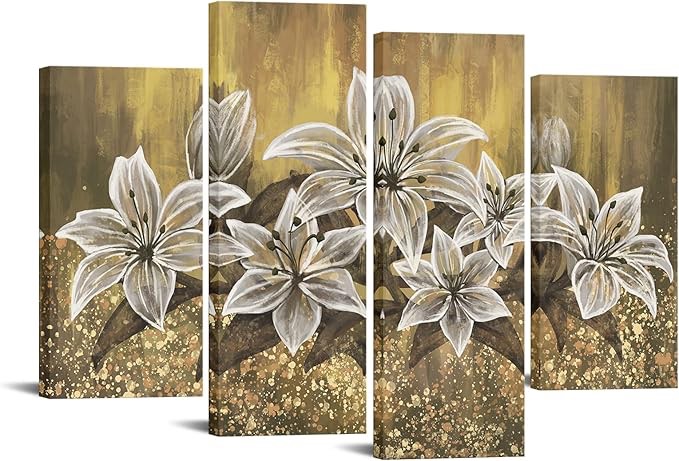 Zlove 4 Panel Lily Flower Canvas Wall Art Vintage White Floral Yellow and Gold Artwork Painting for Home Living Room Decor Ready to Hang
