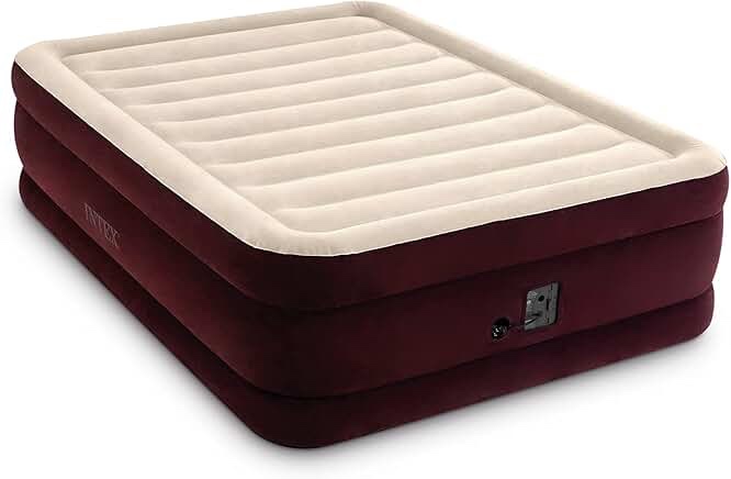 INTEX Dura-Beam Deluxe Extra Raised Air Mattress: Fiber-Tech – Queen Size – Built-in Electric Pump – 20in Bed Height – 600lb Weight Capacity – Maroon