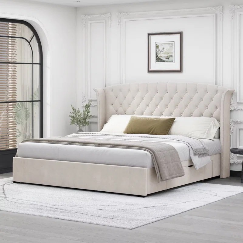 Tanikia Luxurious Upholstered Wingback Storage Platform Bed with 60 inch High Headboard, Premium Linen, Dual Storage Drawers, and Sprung Slats