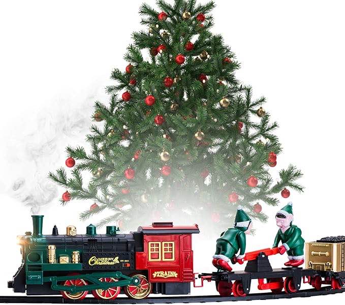 (incomplete)Christmas Train Set for Under The Tree with Lights, and Sounds - Holiday Train Around Christmas Tree w/Large Tracks | Battery Operated Electric Train Set with 160 Inches of Track and 2 Xmas Elves