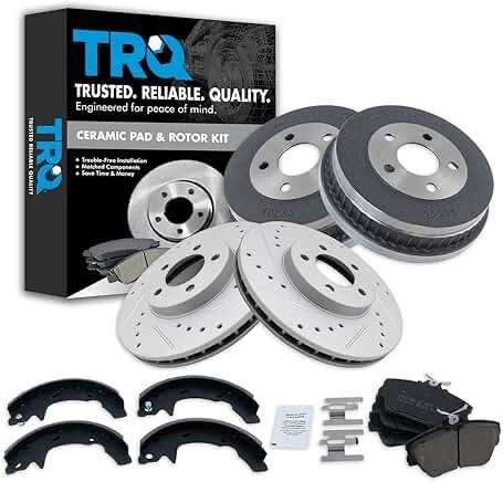 TRQ Front Rear Ceramic Brake Pad Shoe Rotor Drum Kit w/Chemicals Compatible with Dodge